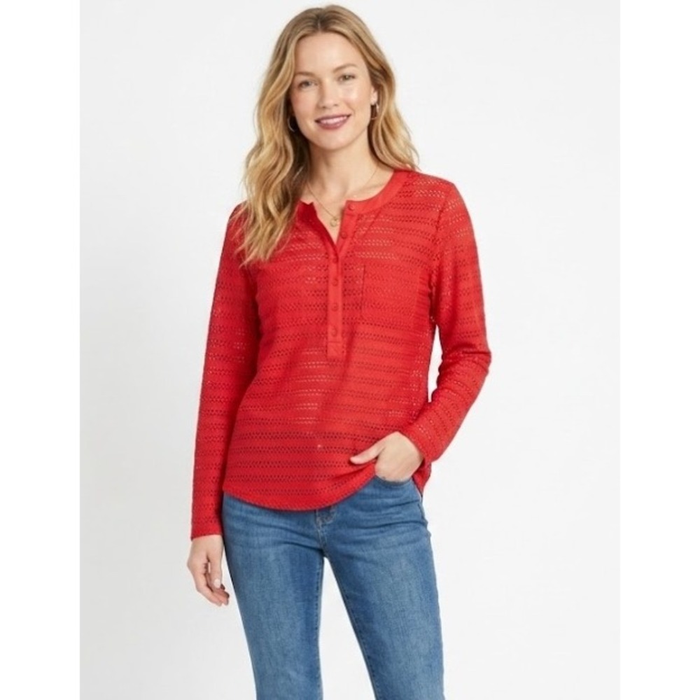 Ann Taylor Red Button Popover Mesh Open Knit‎ Stretch Top Large